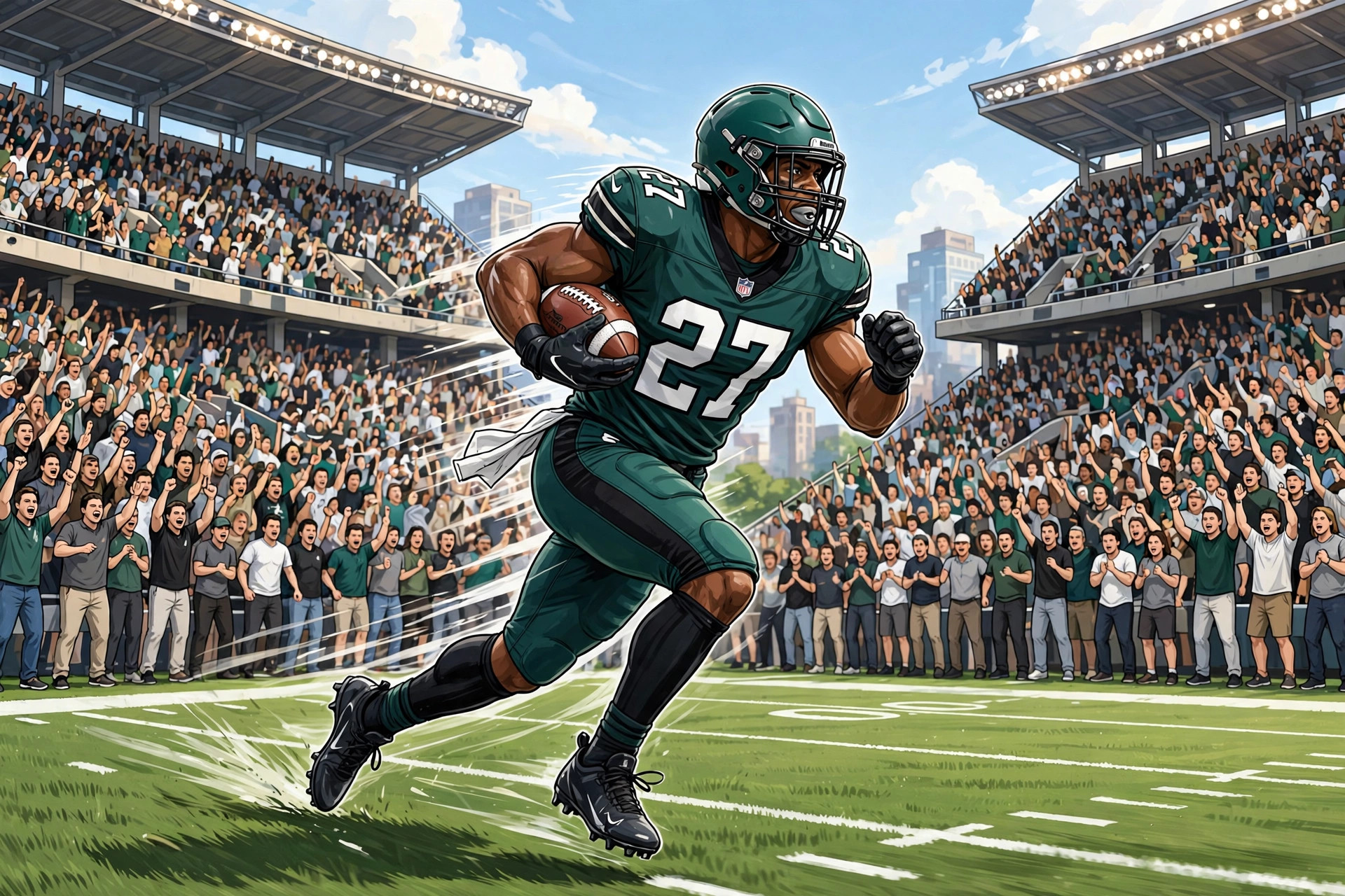 Philadelphia Eagles running back in midnight green sprinting with the football in a packed stadium (illustration)