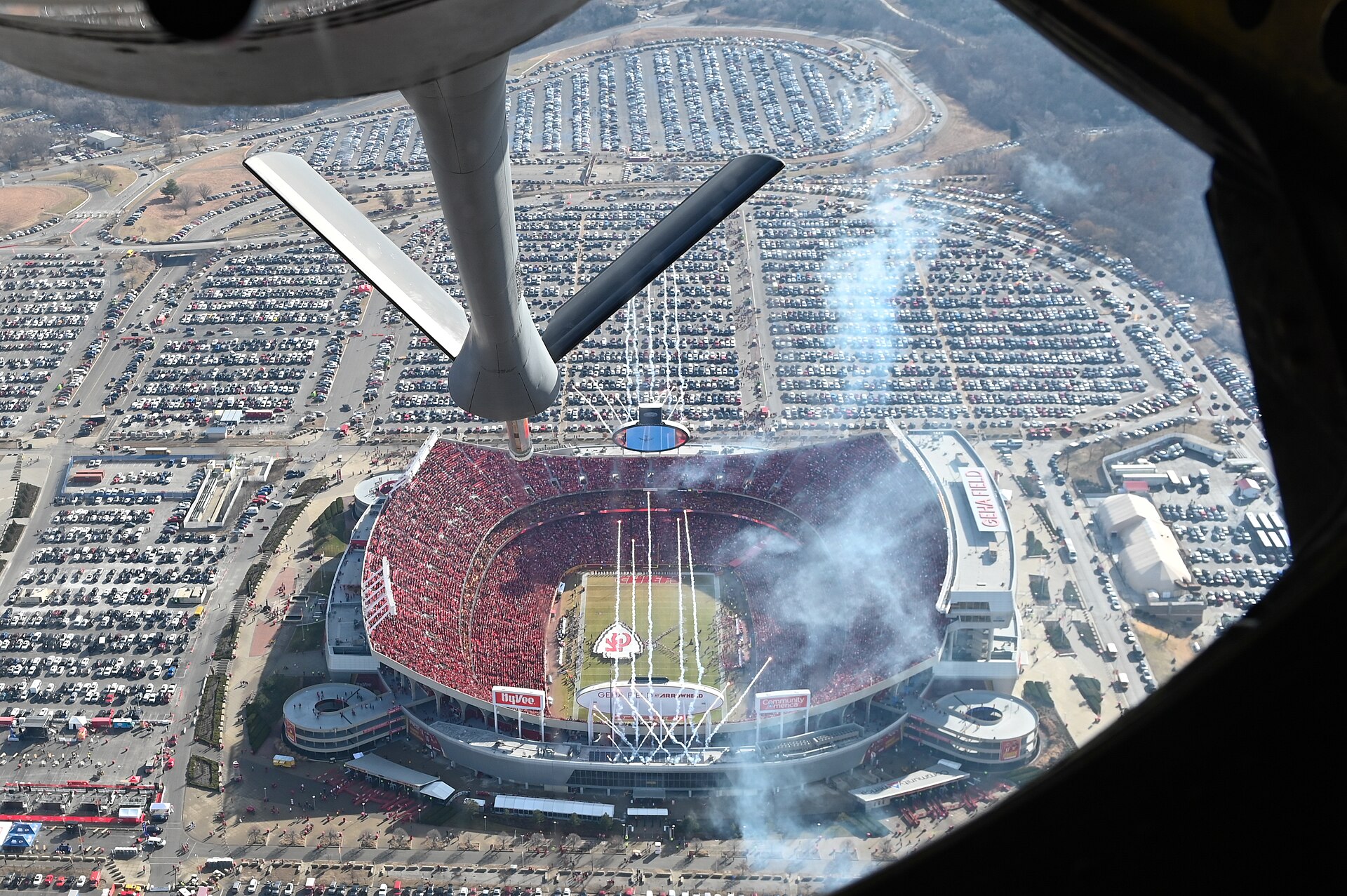 A KC-135 Stratotanker flies over a packed GEHA Field at Arrowhead Stadium on Chiefs game day