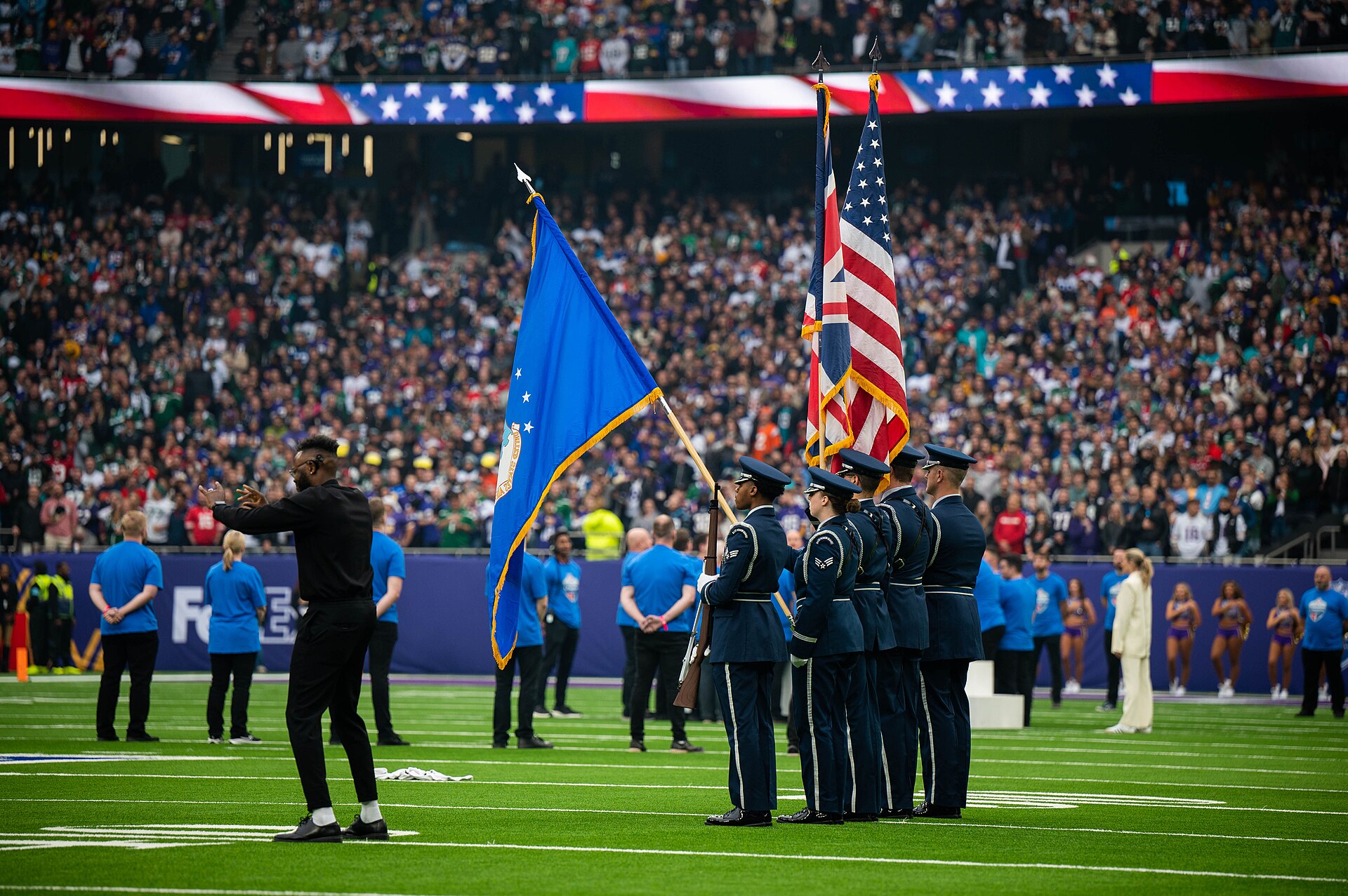 Pregame flag ceremony at an NFL game in London