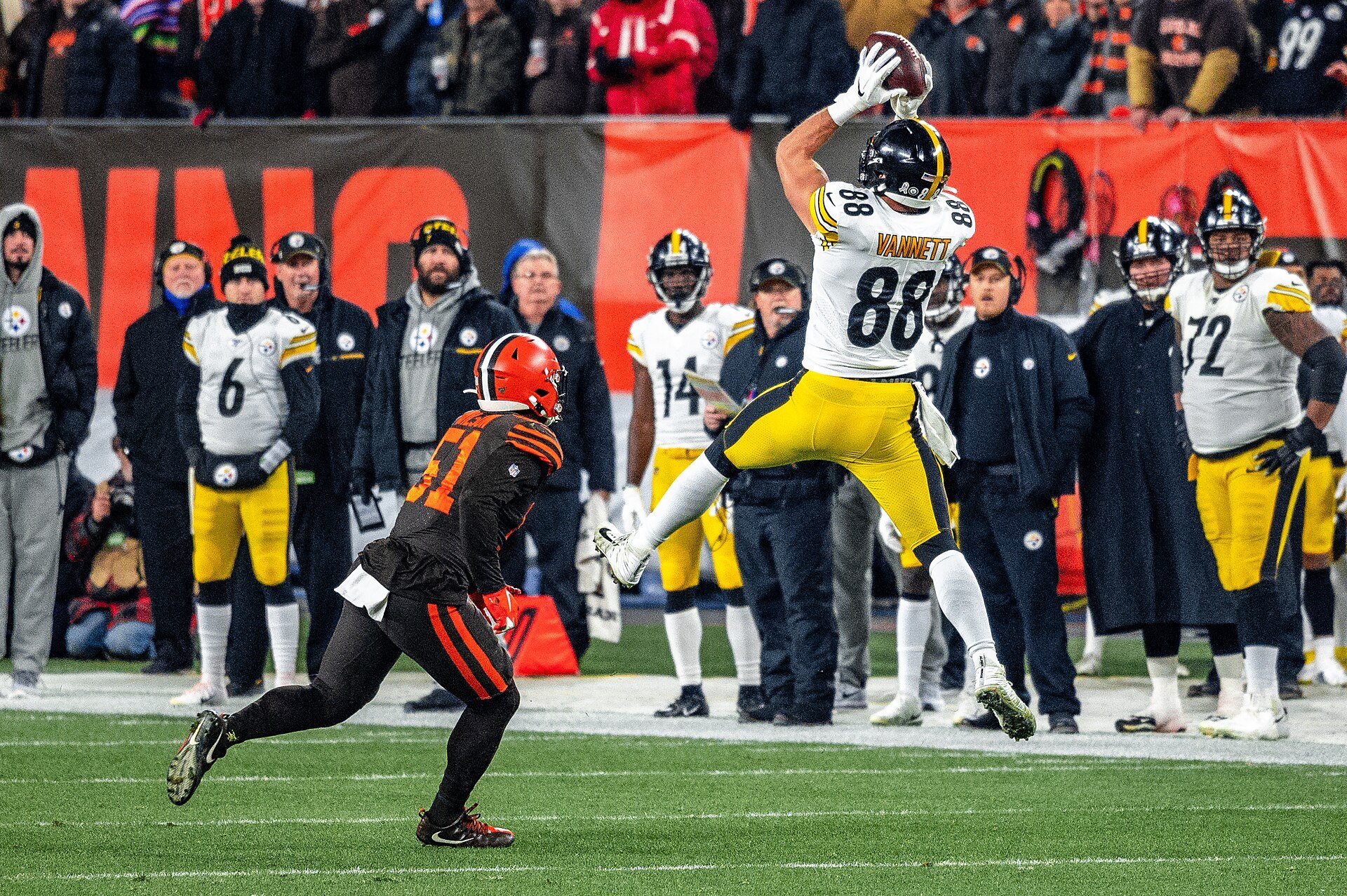 Steelers and Browns players battle during Thursday night's game in Cleveland