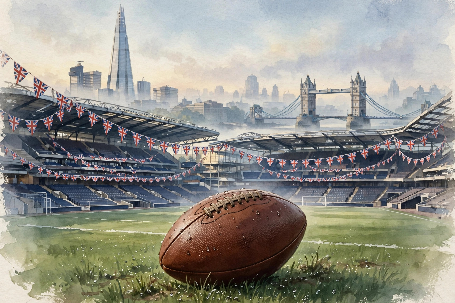 Illustration of a London stadium at dawn ahead of an NFL game