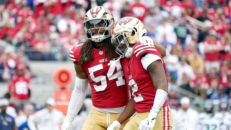 San Francisco 49ers players celebrate — the new No. 1 in the NFL Week 5 power rankings.