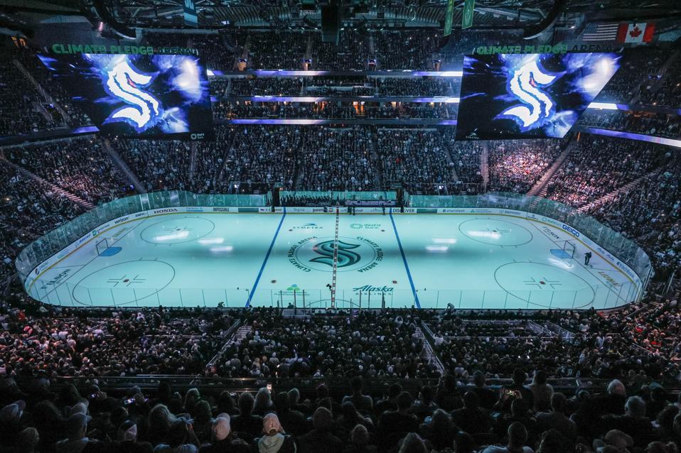 A packed Climate Pledge Arena in Seattle — the Vegas Golden Knights visit the Seattle Kraken there at 6:40pm PT (9pm ET) on Tuesday night.