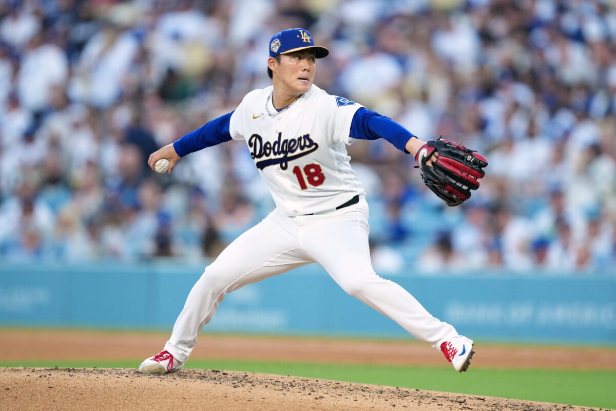 Yoshinobu Yamamoto delivers a pitch for the Dodgers — he starts Game 3 of the NLDS against the Braves tonight