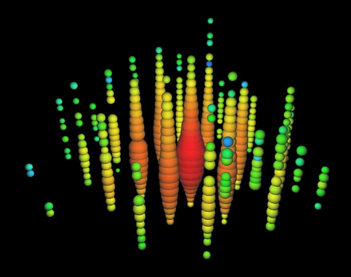An IceCube event display showing colored spheres representing the light pattern of a high-energy neutrino interaction in the Antarctic ice