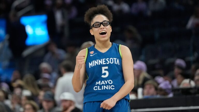 Olivia Miles of the Minnesota Lynx celebrates during a 2026 WNBA game.