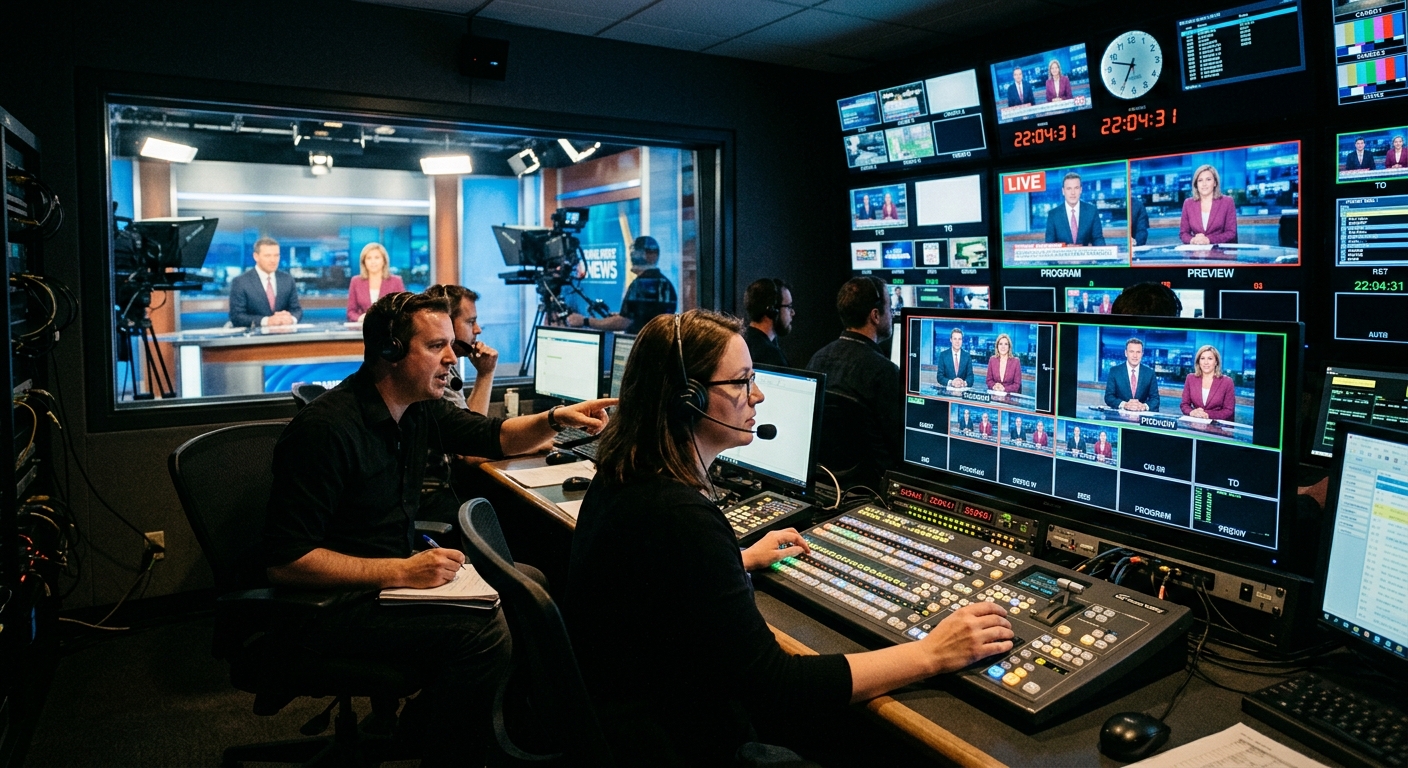 A broadcast production control room with operators at monitor walls