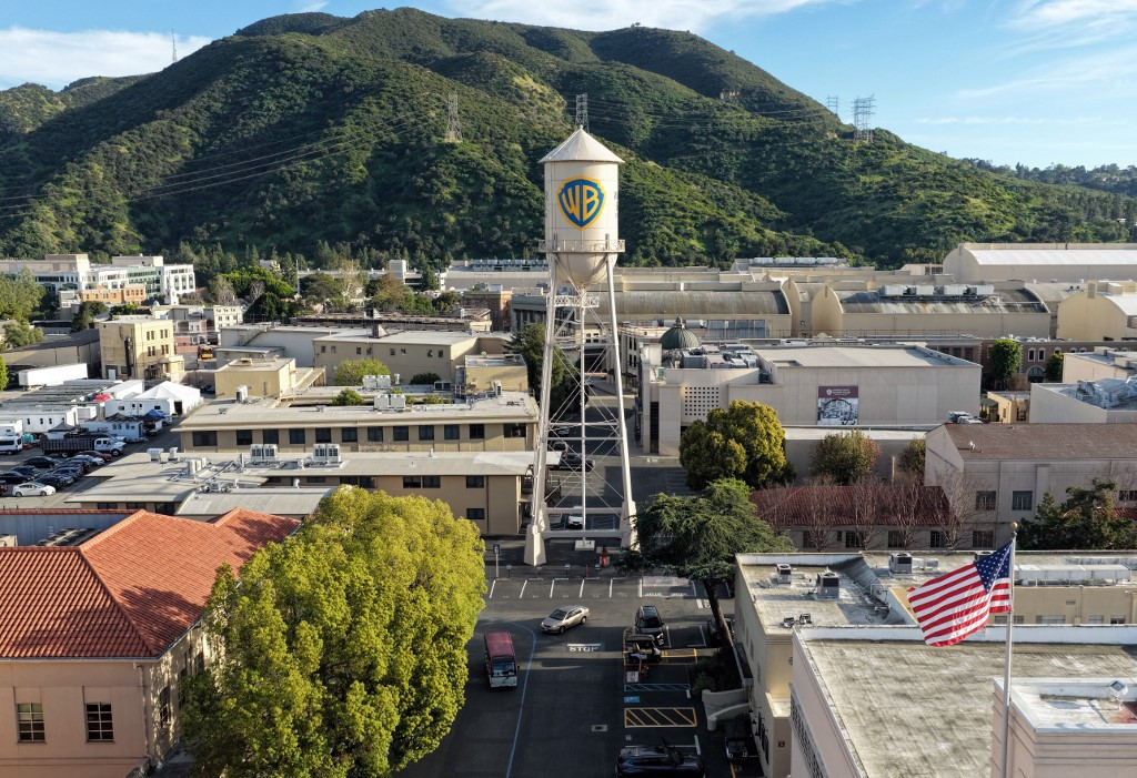 Aerial view of Warner Bros. Studios in Burbank with the iconic water tower
