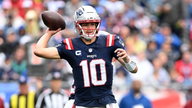Patriots quarterback Drake Maye drops back to pass