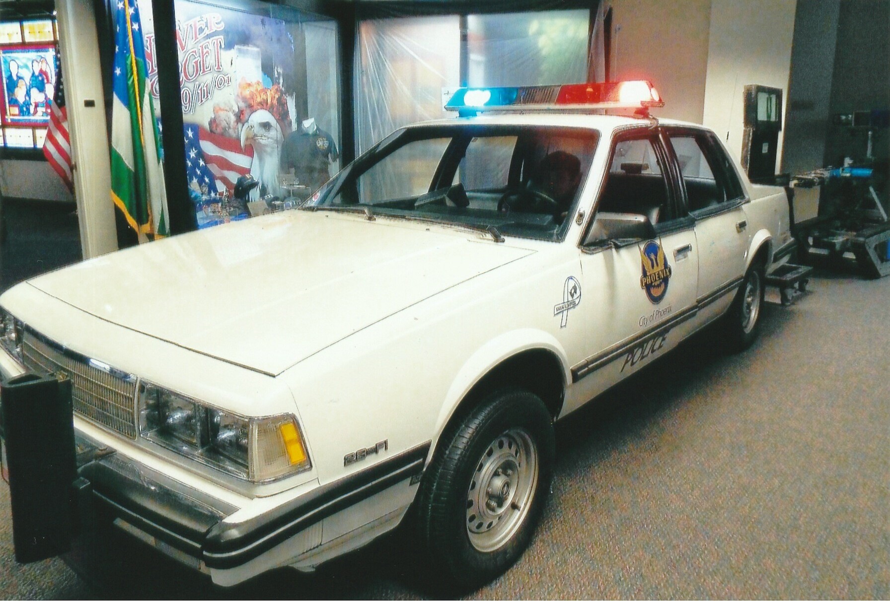 A 1986 Phoenix Police Chevrolet Celebrity patrol car on display in the Phoenix Police Museum
