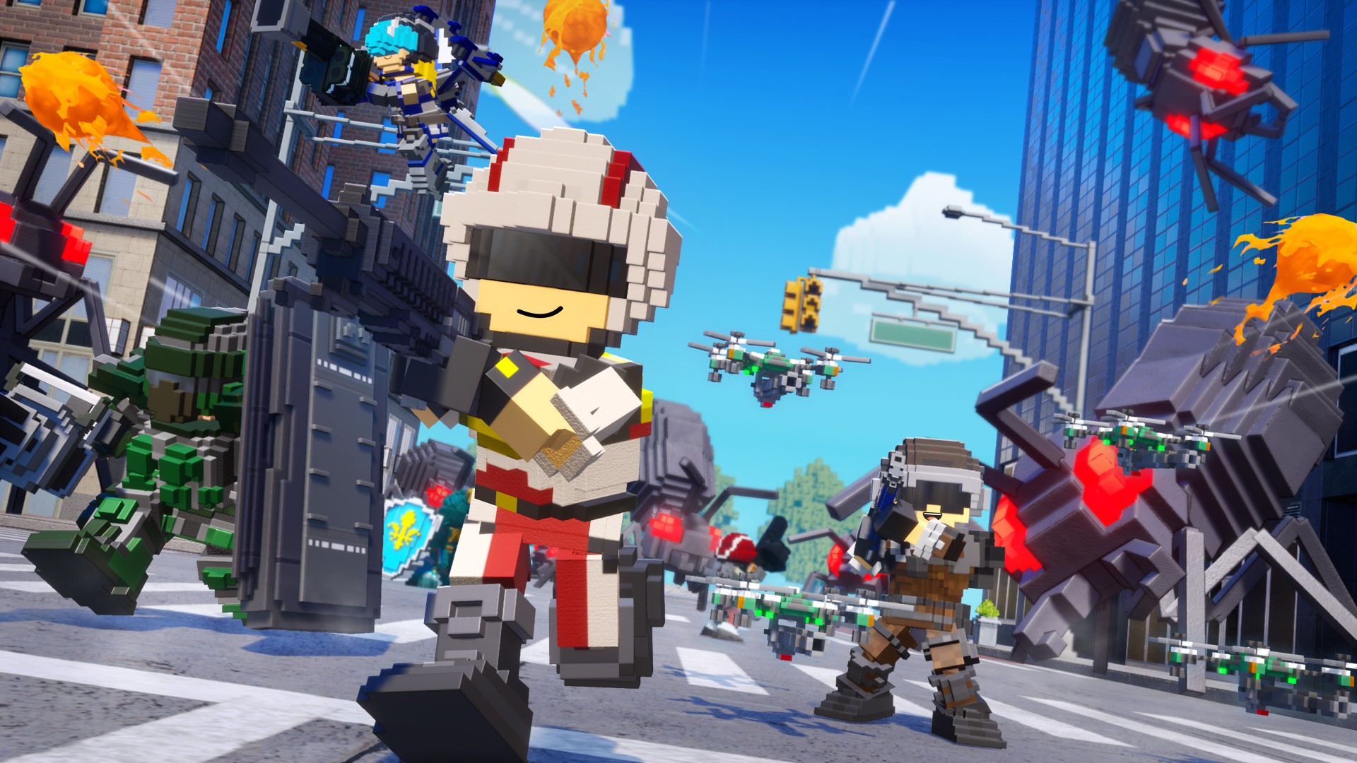 Earth Defense Force: World Brothers 2 key art with voxel soldiers battling giant insects