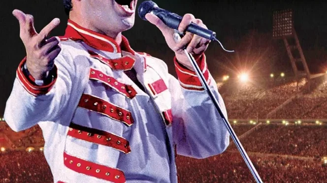 Key art for Queen's 'Hungarian Rhapsody: Live in Budapest' concert film, showing Freddie Mercury on stage at the 1986 N&eacute;pstadion concert