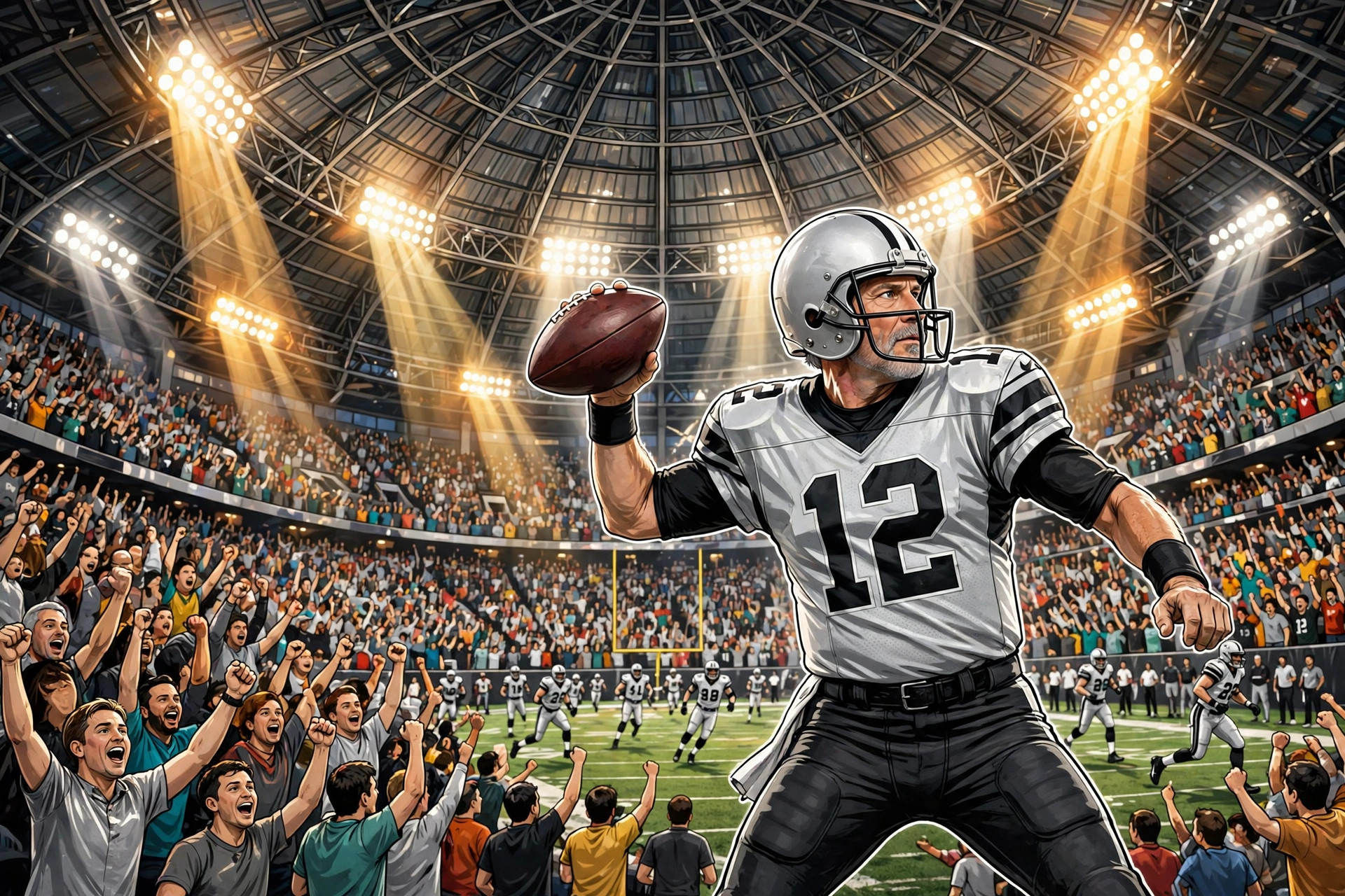 Kirk Cousins and the Las Vegas Raiders offense under the lights at Allegiant Stadium (illustration)