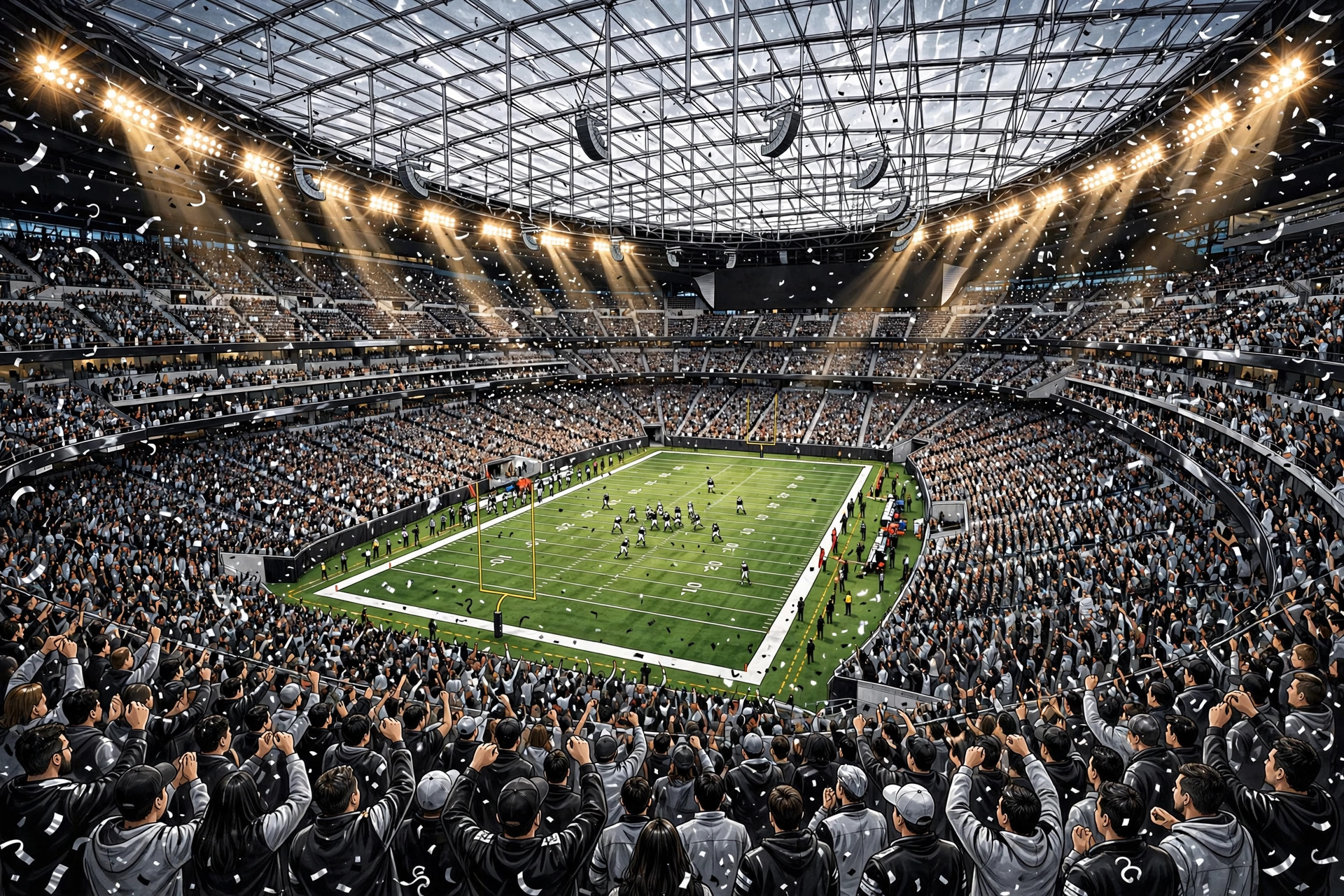 Allegiant Stadium interior in silver and black during a Las Vegas Raiders home game (illustration)