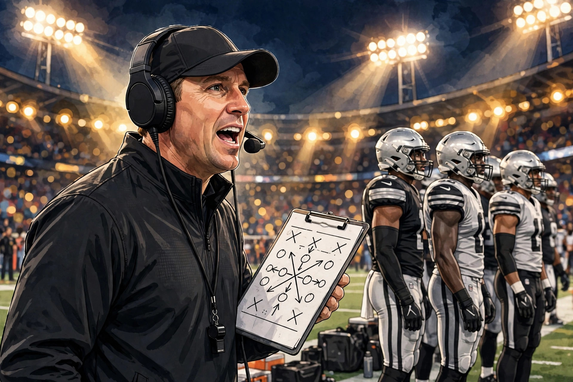 A head coach calling plays on the sideline for the silver and black (illustration)