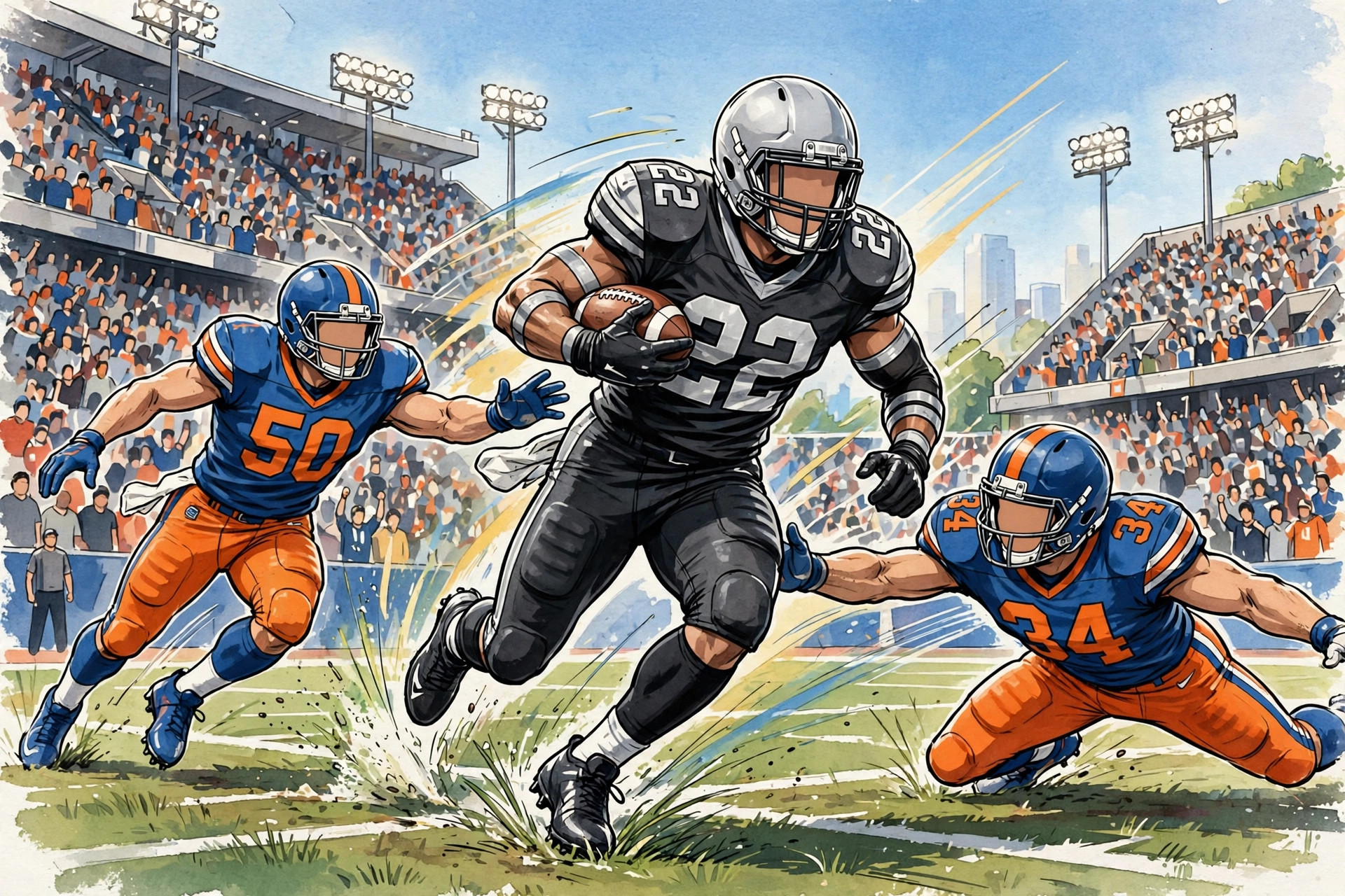 A Las Vegas Raiders running back breaking tackles in a packed stadium (illustration)