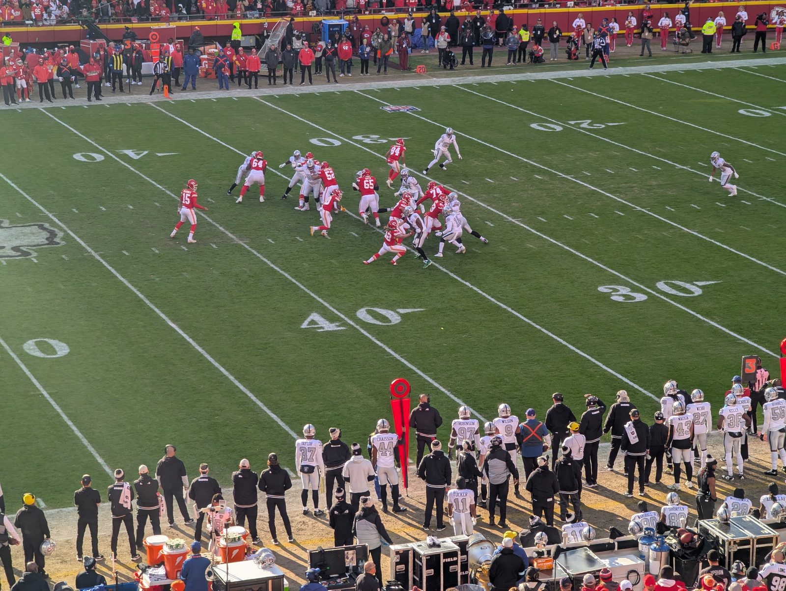 The Raiders offense lines up on the road