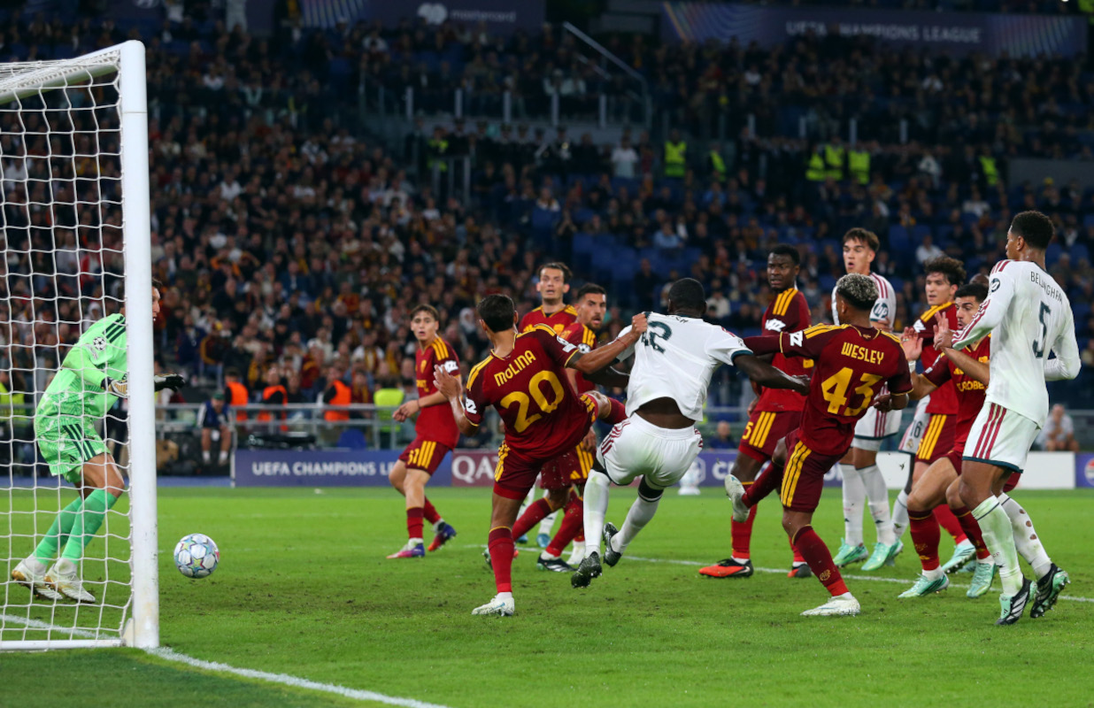 Antonio Rudiger scores Real Madrid's fourth goal from a corner against AS Roma at the Stadio Olimpico on October 14, 2026