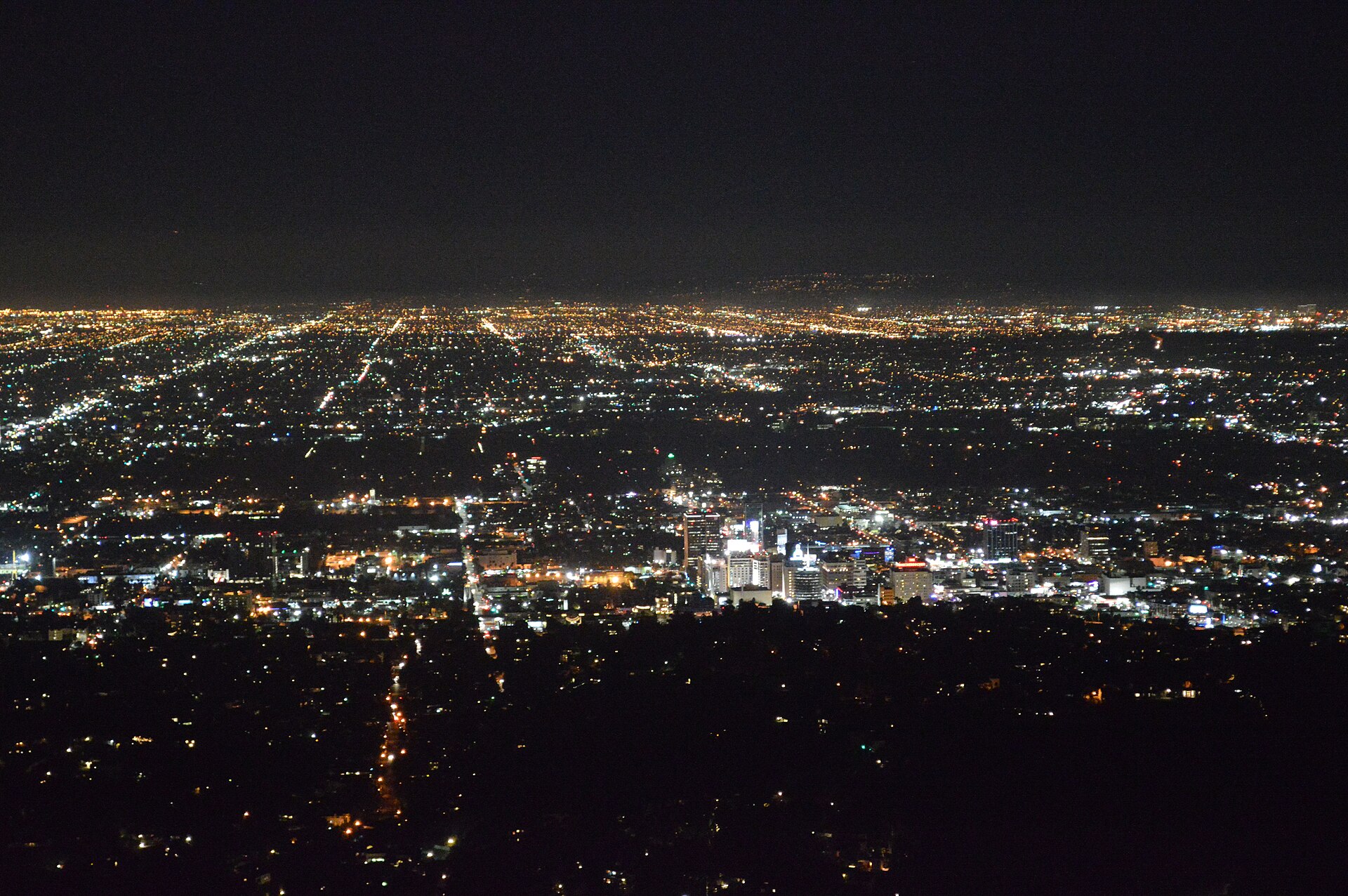 A city skyline at night