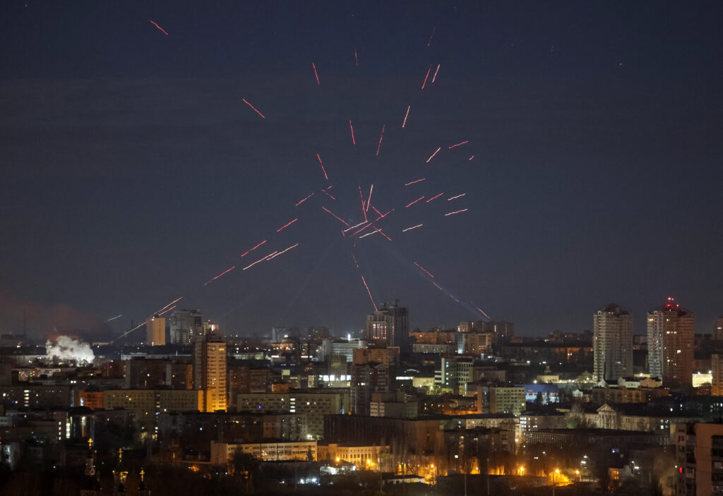 Ukrainian air defenses engage incoming targets over Kyiv at night