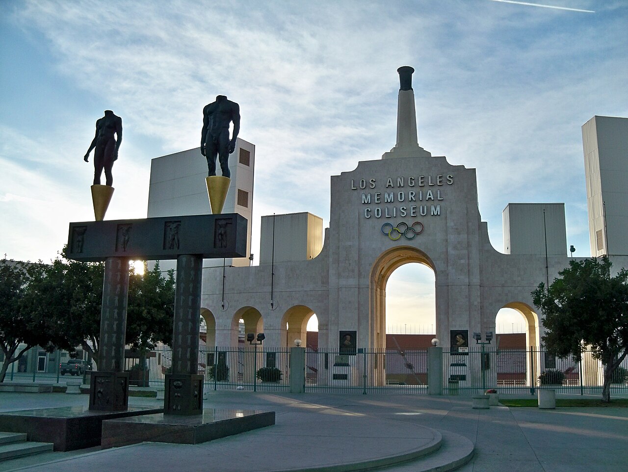 The peristyle entrance of the Los Angeles Memorial Coliseum in daylight, where USC rallied past Washington on Saturday night