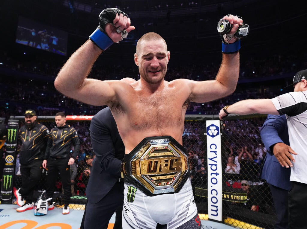 Sean Strickland after reclaiming the UFC middleweight title — the 35-year-old champion is now openly discussing walking away from the promotion