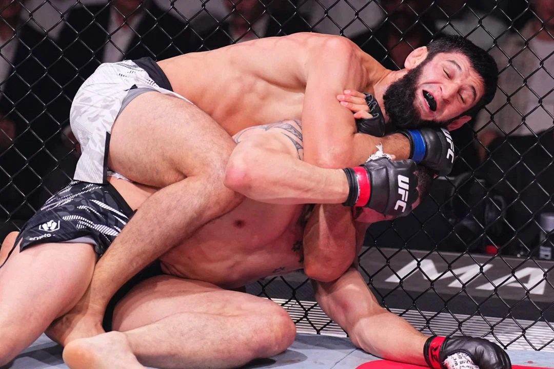 Khamzat Chimaev in the UFC Octagon — Strickland beat the previously unbeaten Chimaev at UFC 328 to reclaim the middleweight title