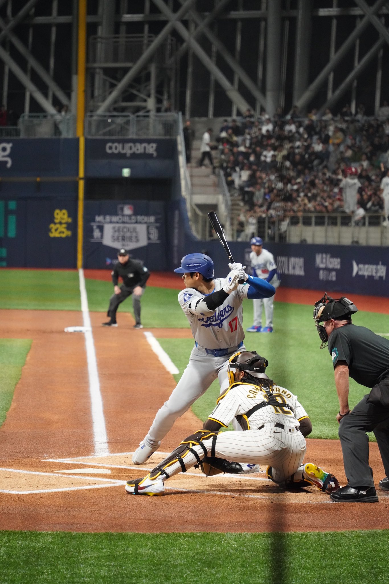 Shohei Ohtani of the Los Angeles Dodgers taking a swing — he hit .200 in the NLDS against the Braves