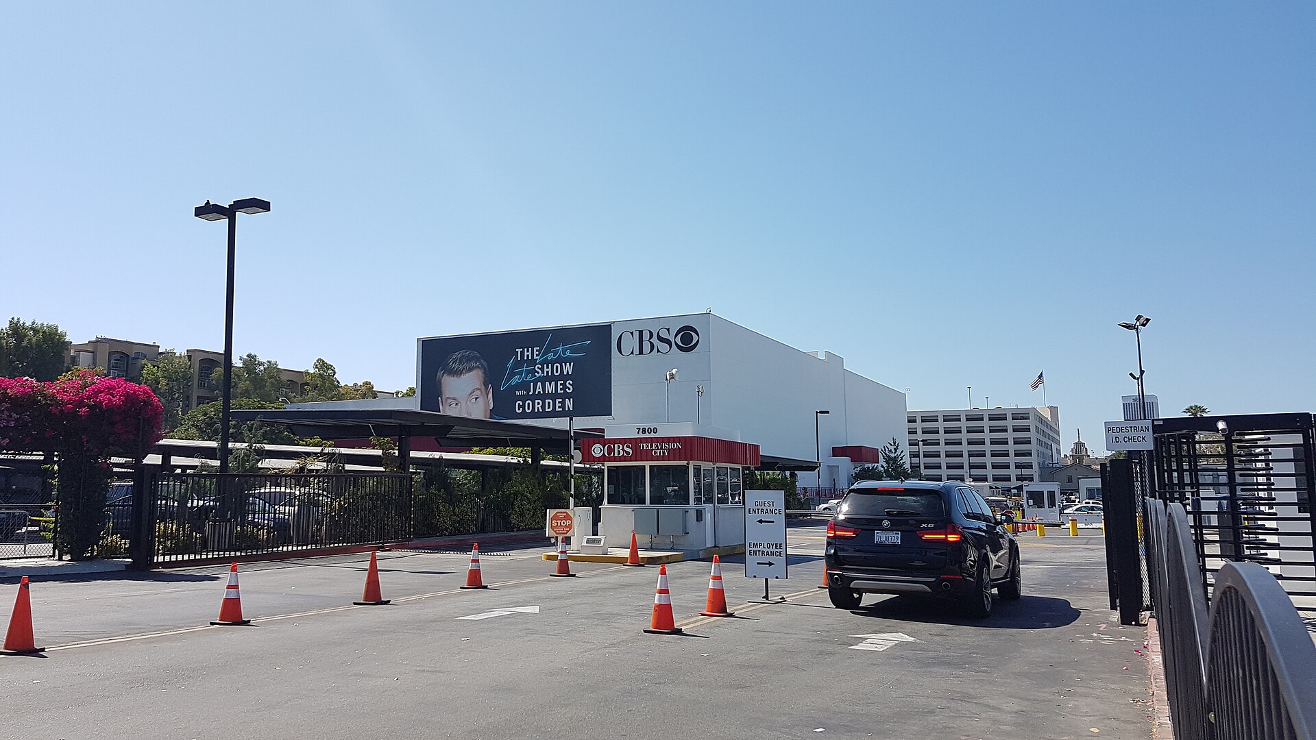 The entrance to CBS Television City in Los Angeles, with the network’s eye logo on the studio building.