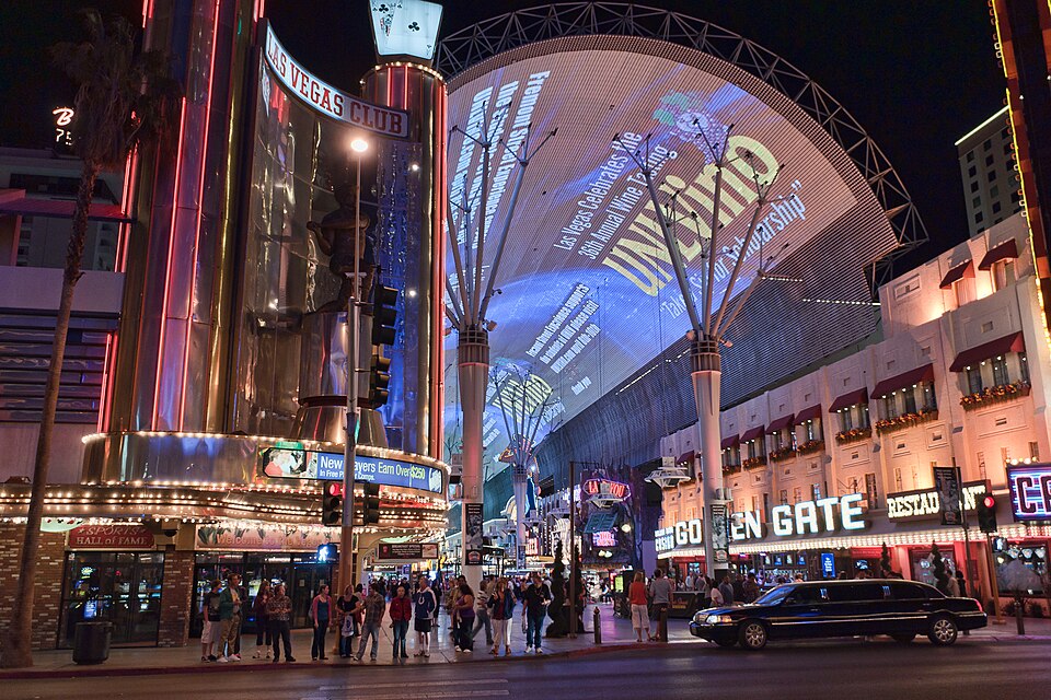 The Fremont Street Experience canopy glowing at night in downtown Las Vegas