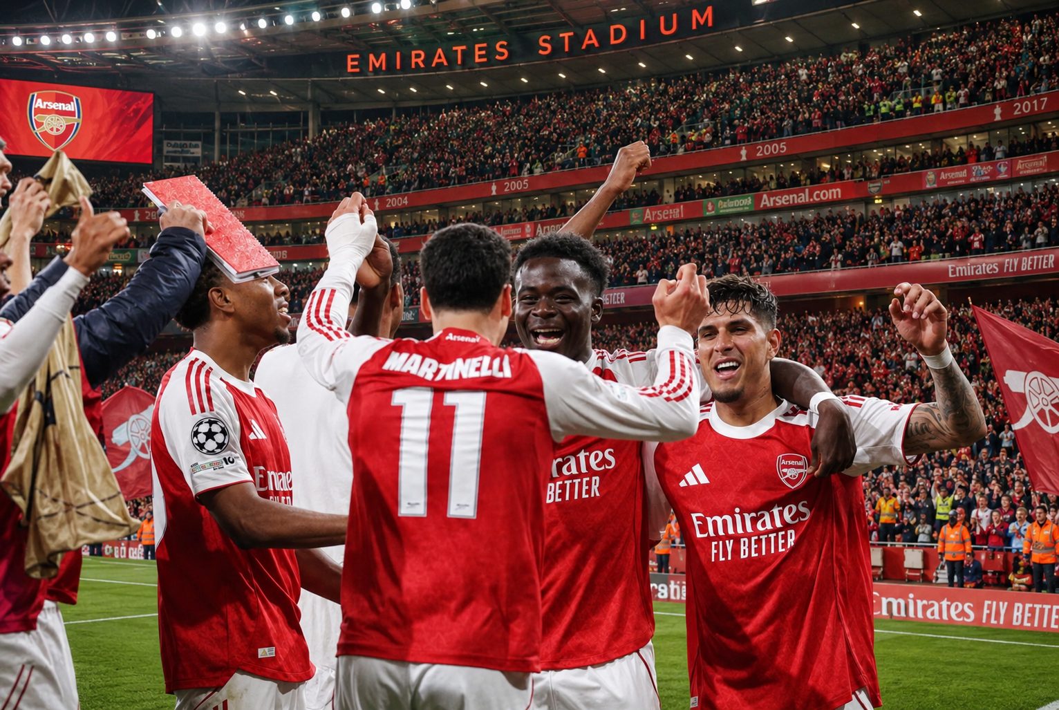 Arsenal players celebrate during the 2025-26 title-winning season