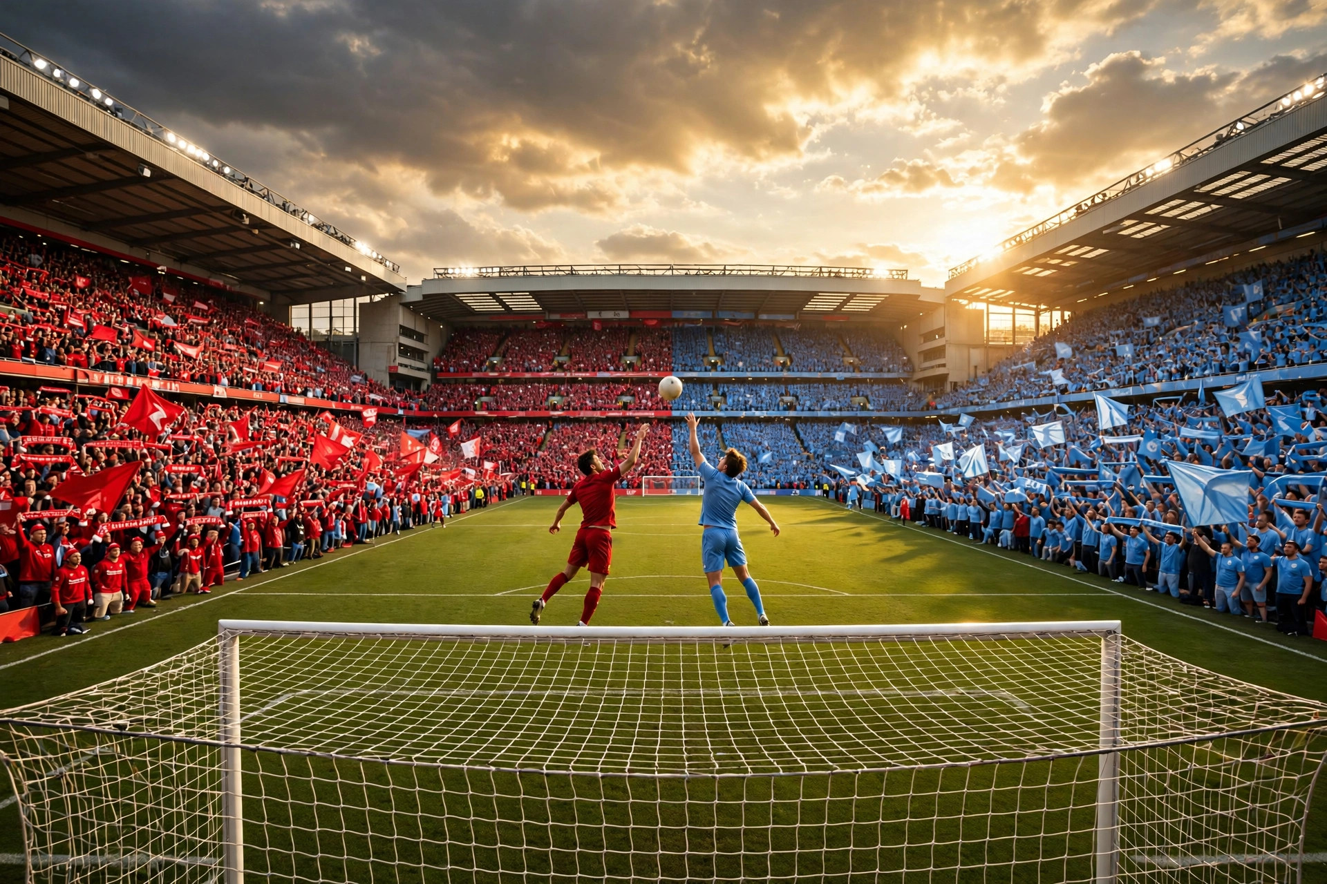 Liverpool and Manchester City players contest a header at a packed stadium under golden light