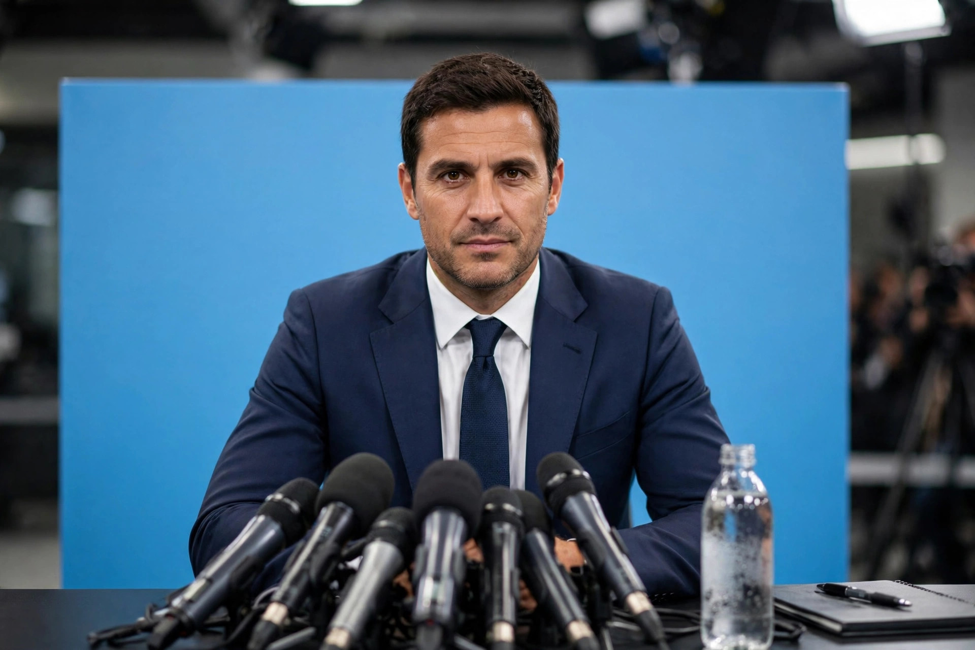 Manchester City&rsquo;s manager at a press conference with microphones