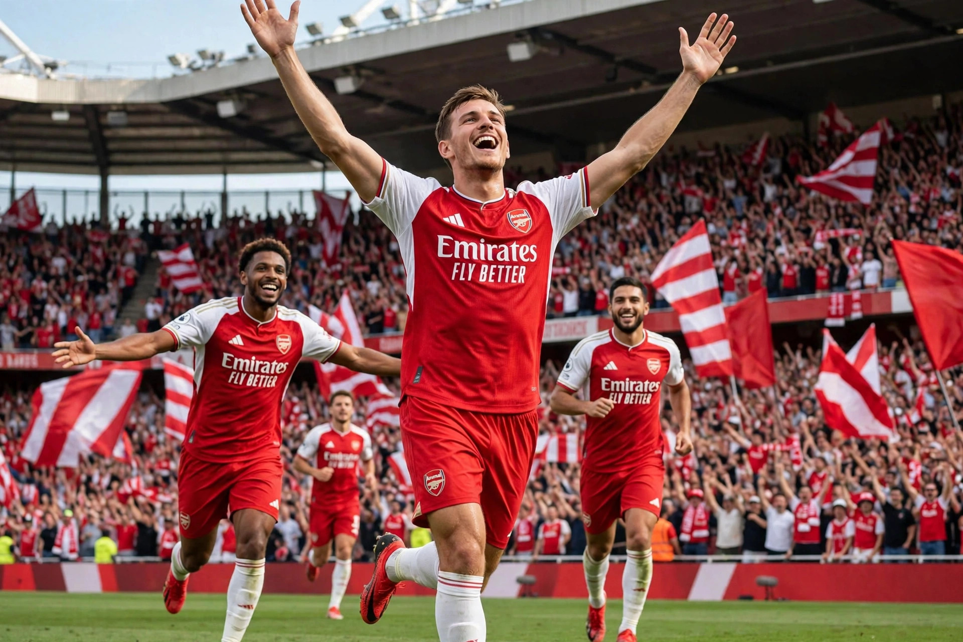 An Arsenal player in a red shirt celebrates a goal