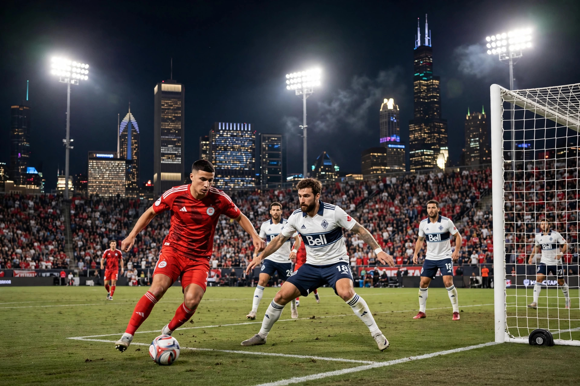 Chicago Fire and Vancouver Whitecaps players battle under the lights