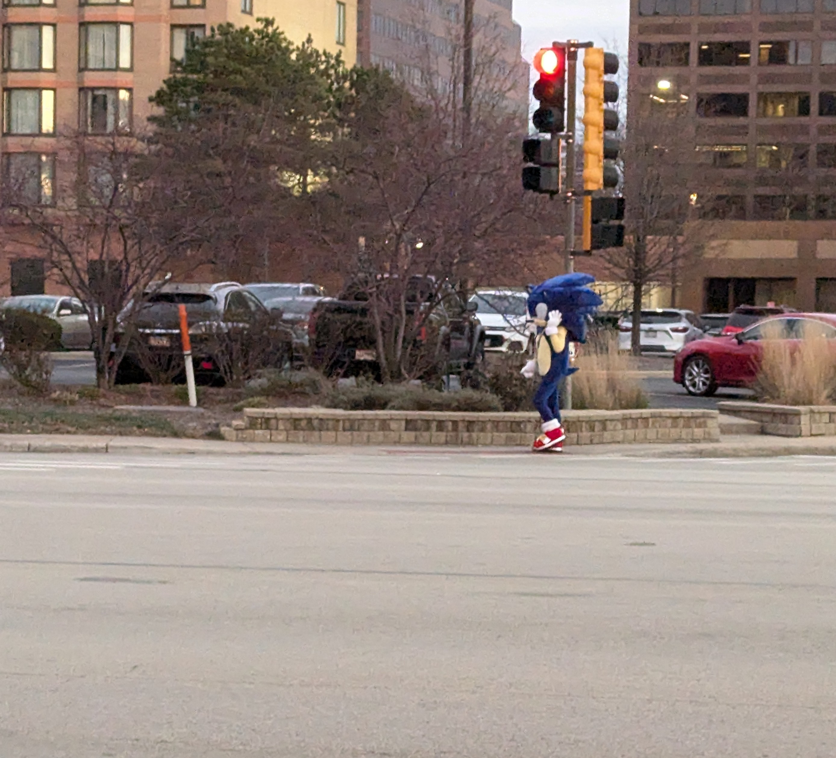 A person in a Sonic the Hedgehog costume crossing a city street