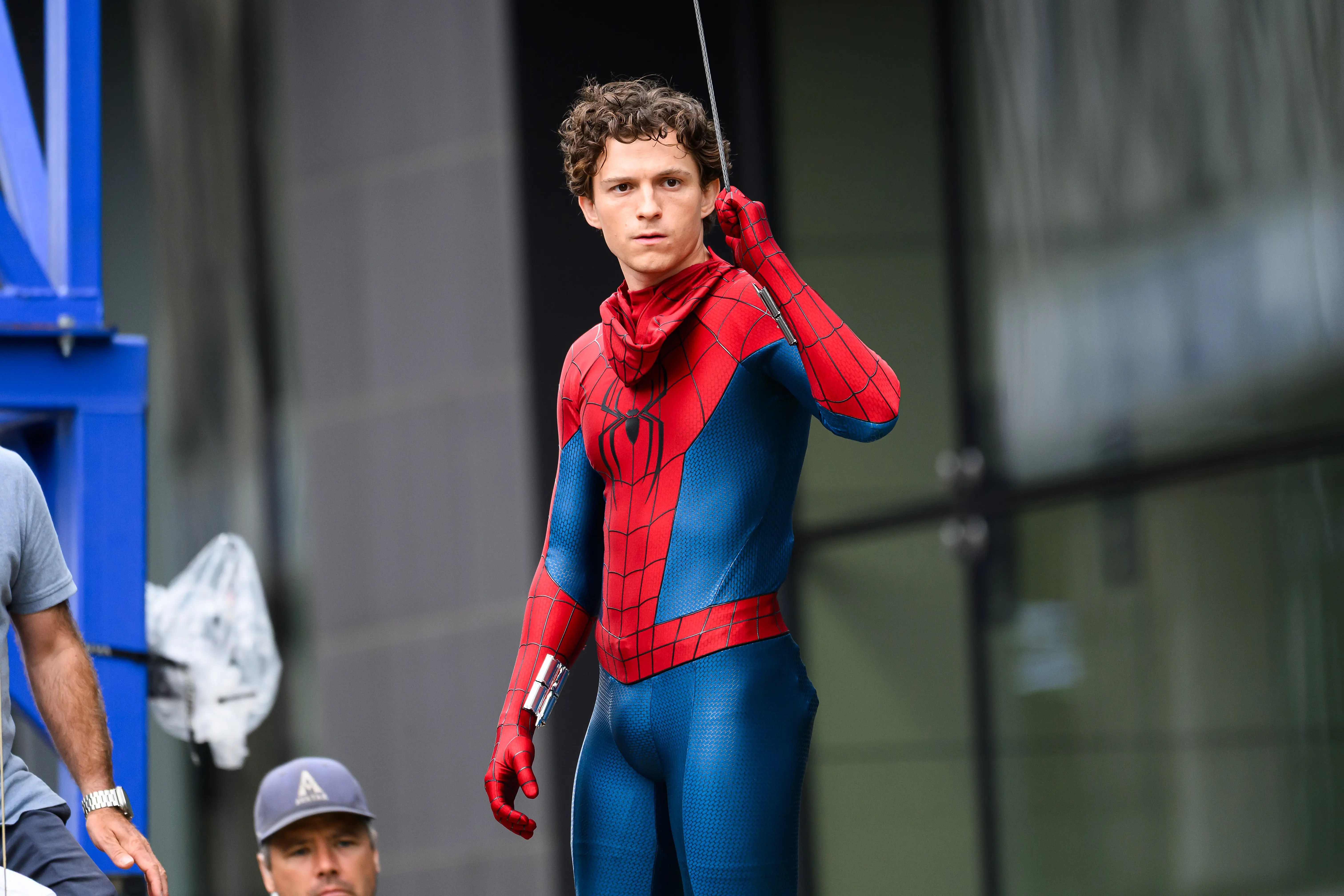 Tom Holland on the Glasgow set of Spider-Man: Brand New Day, wearing the new homemade-style Spider-Man suit