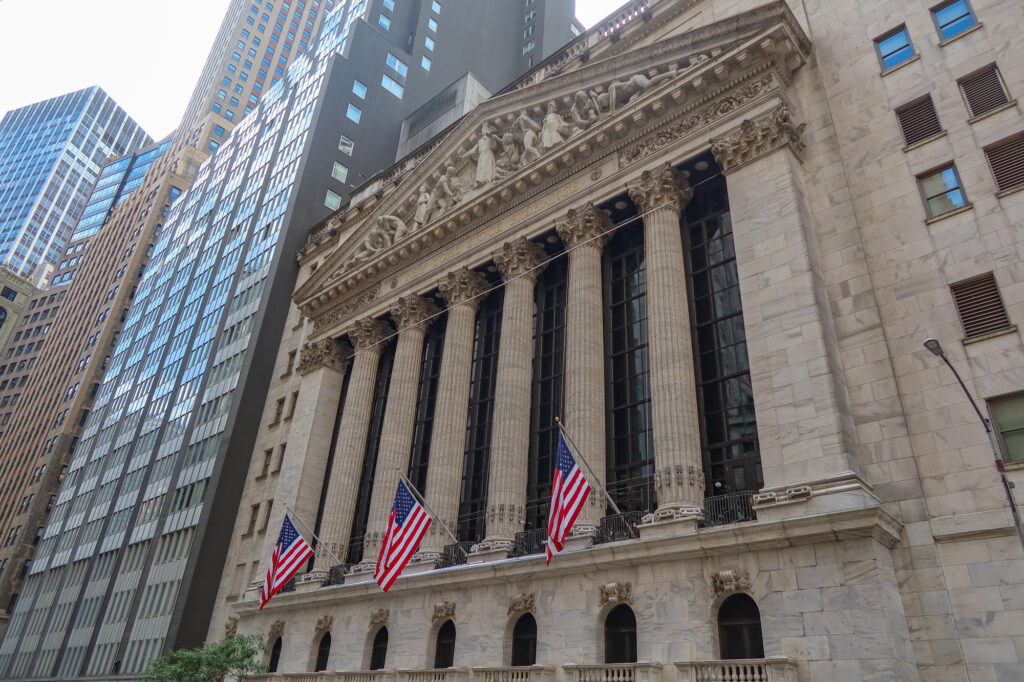 The New York Stock Exchange building on Wall Street in lower Manhattan