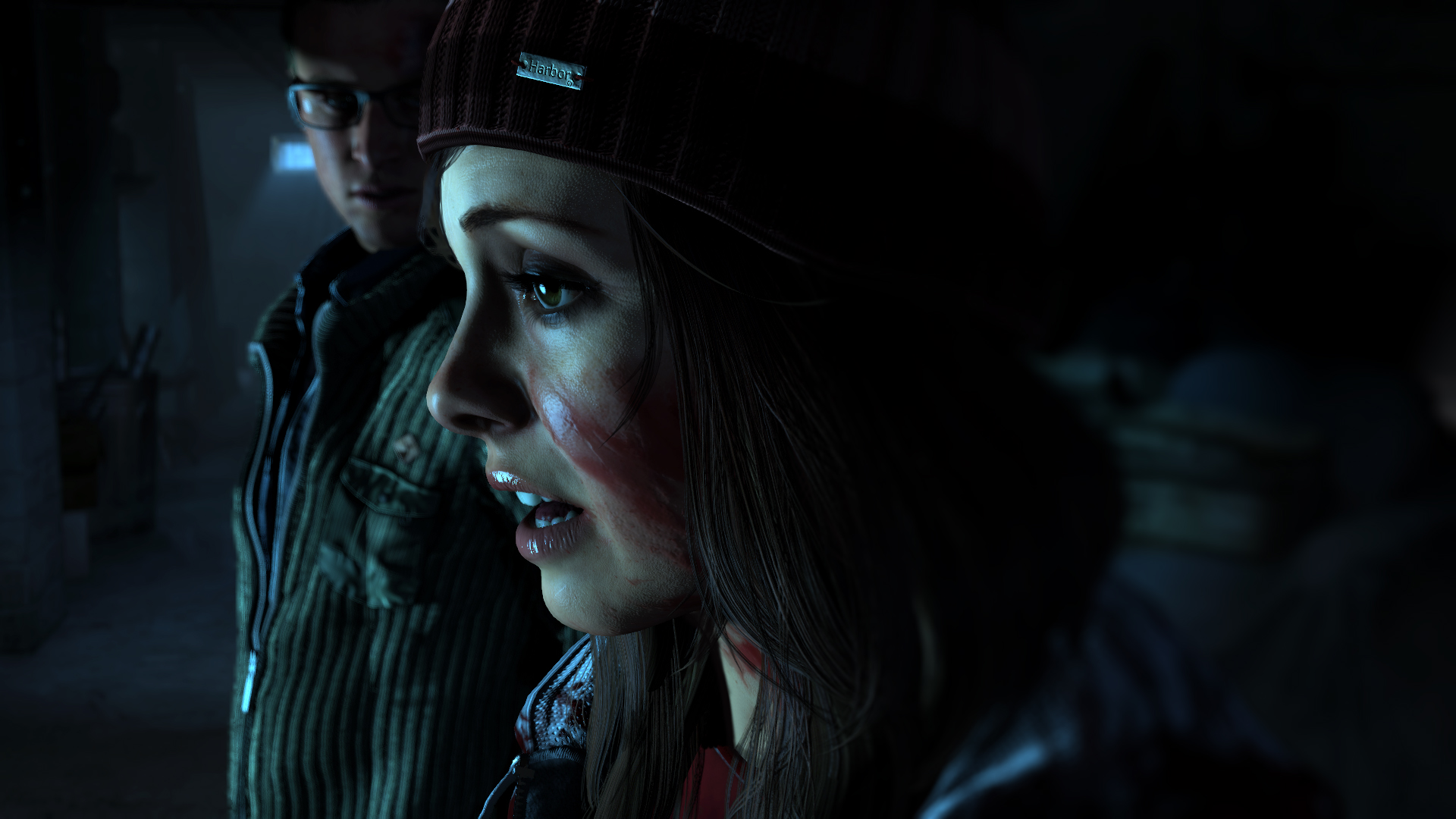 A snowy night scene from Until Dawn, characters in danger on the mountain
