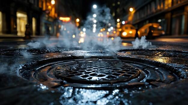 A steaming manhole cover on a city street at night (illustrative photo).