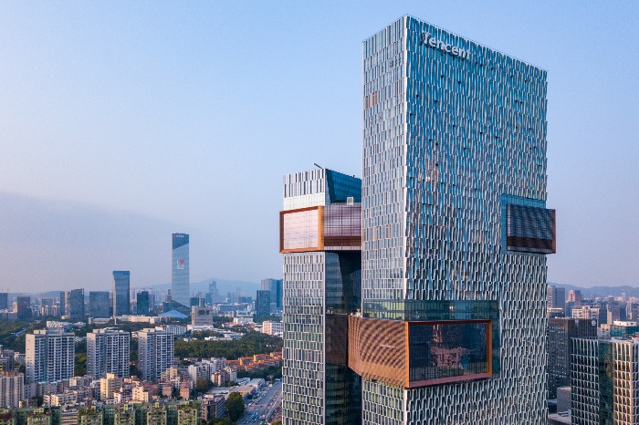 Tencent's Seafront Towers in Shenzhen, aerial view
