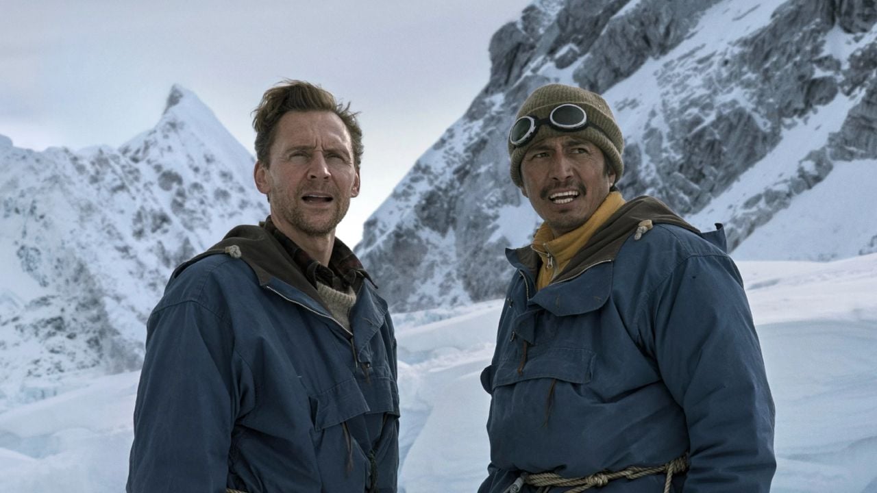 Tom Hiddleston as Edmund Hillary and Genden Phuntsok as Tenzing Norgay in Tenzing (official still)
