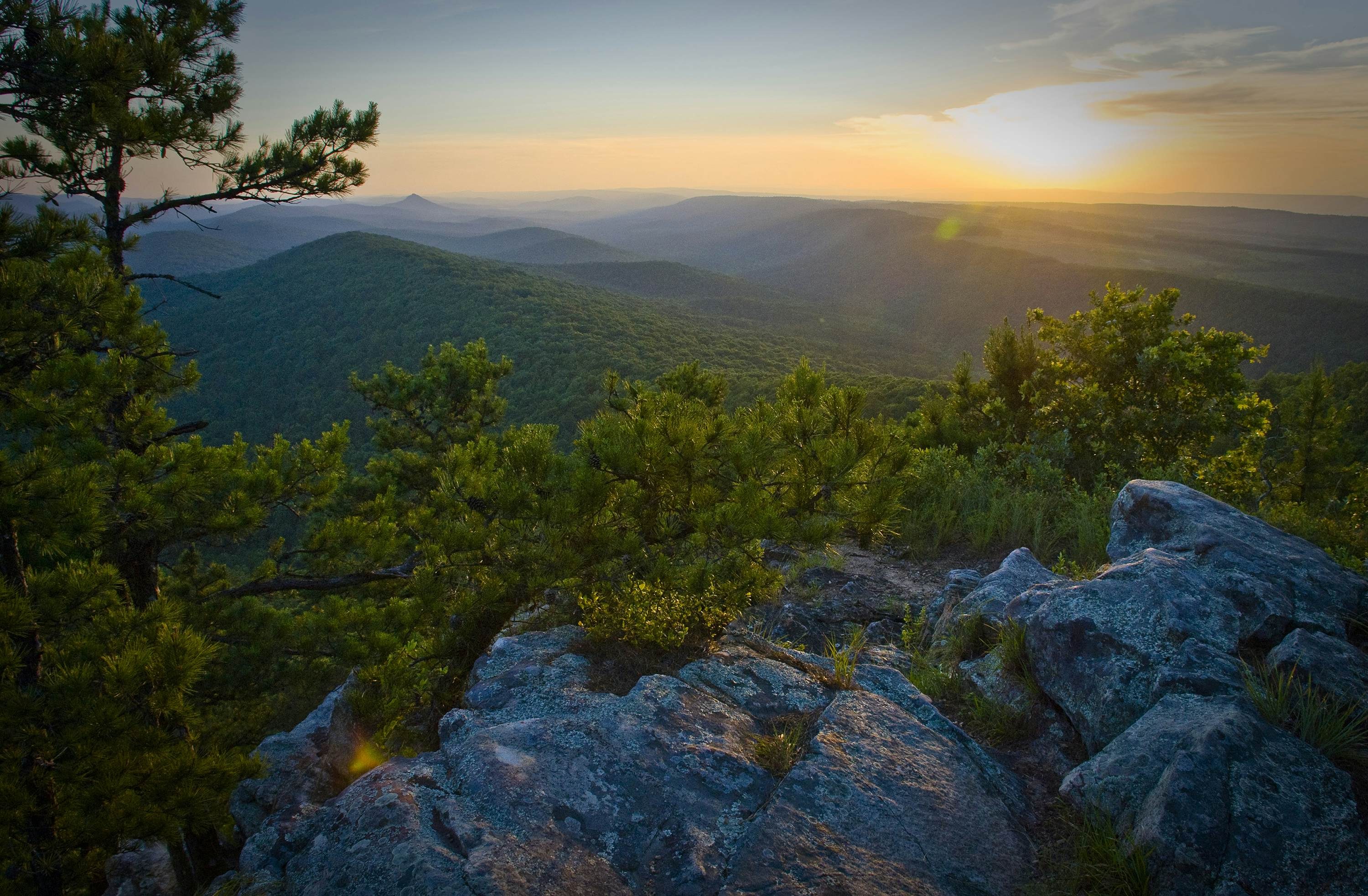 The Ozark Mountains in Arkansas under a clear sky