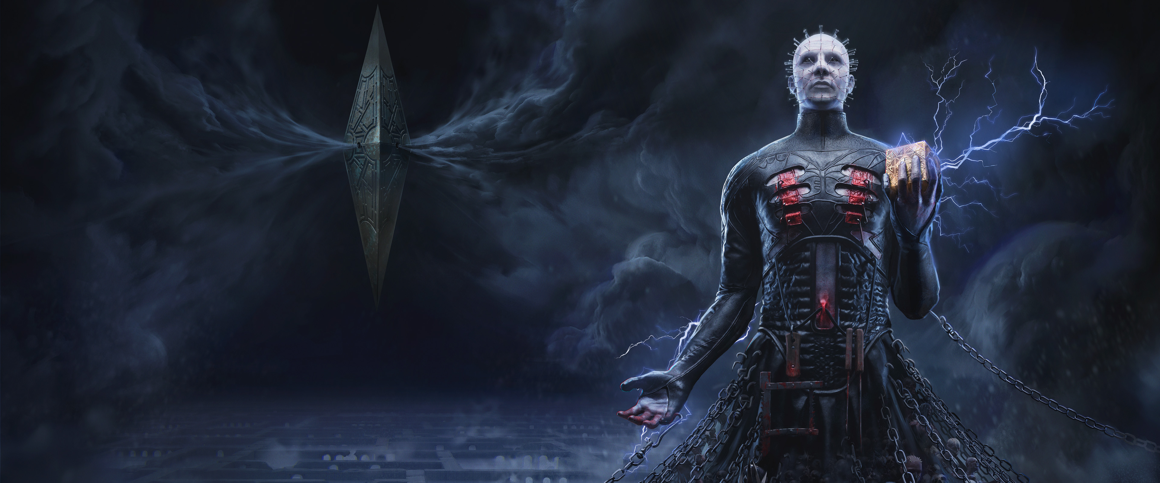 Pinhead holding the Lament Configuration puzzle box in Clive Barker's Hellraiser: Revival
