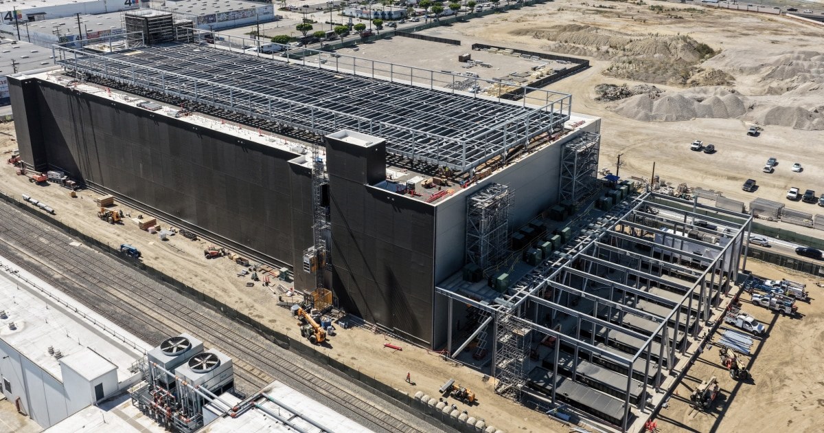 An aerial view of a large AI data center campus
