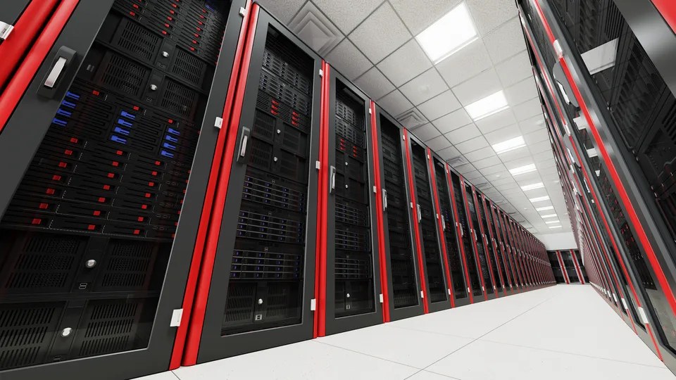 Rows of server racks inside a data center