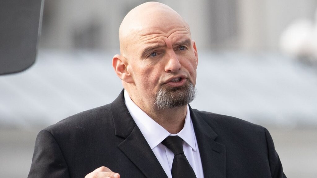 Sen. John Fetterman of Pennsylvania speaking at a press event