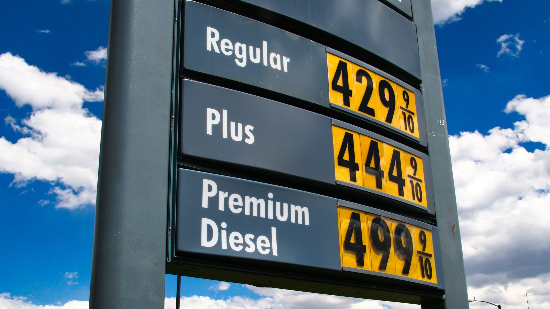 A gas station price sign showing Regular, Plus and Premium Diesel prices under a blue sky.