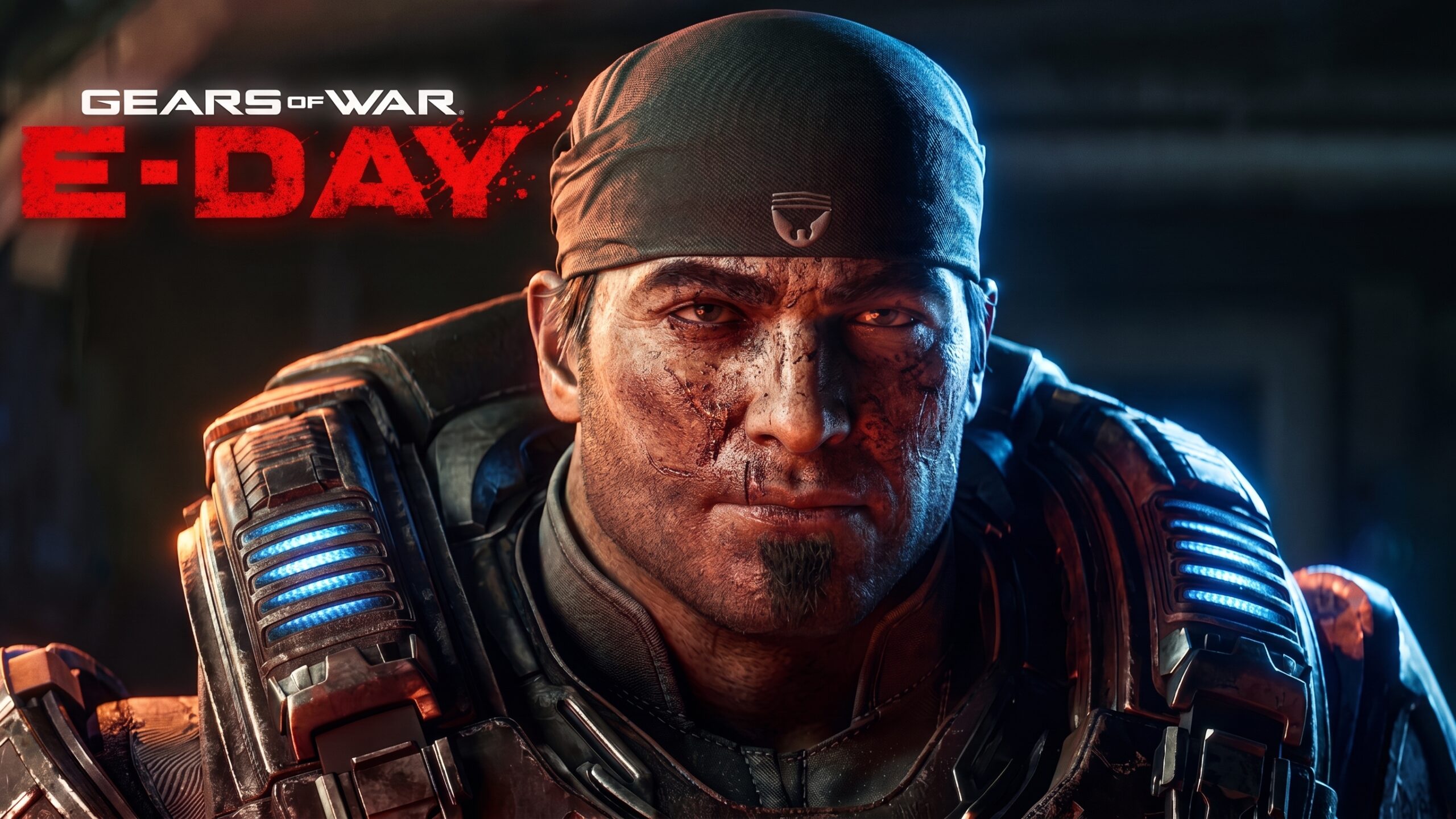 Gears of War: E-Day key art — Marcus Fenix and Dominic Santiago face the Locust Horde on Emergence Day. The prequel launches October 6, day-one on Game Pass.