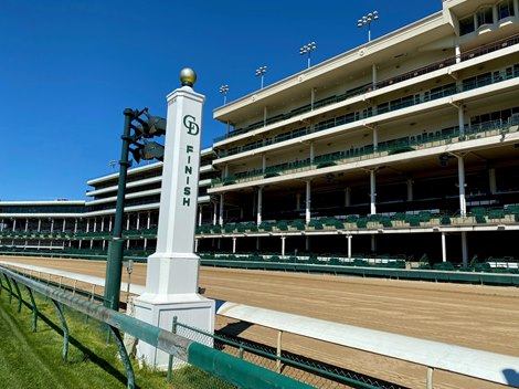 The finish line post at a Thoroughbred racetrack